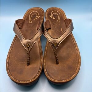 OluKai Brown Leather Women's Wedge Sandals